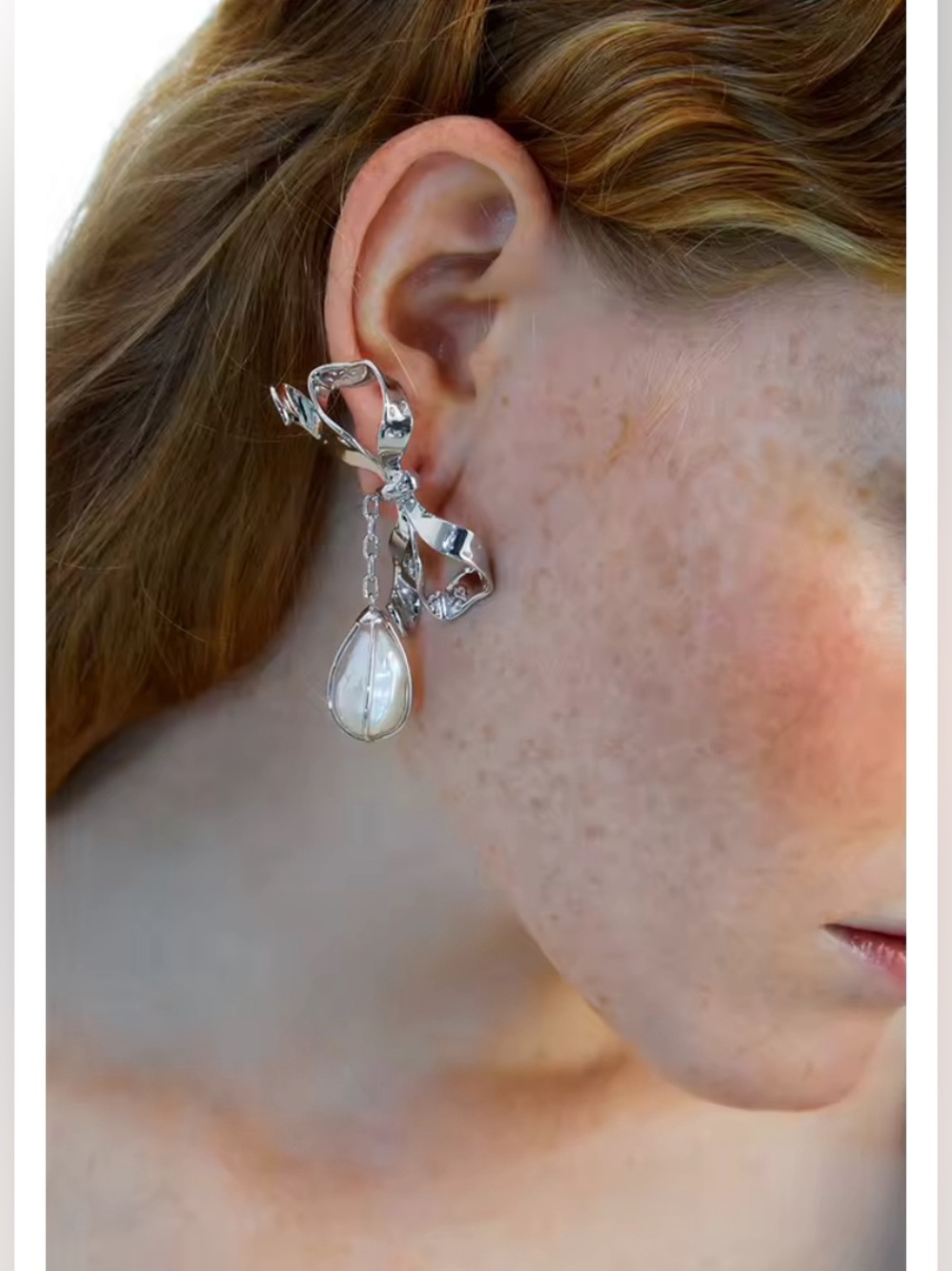 Korean Vintage Bowknot Pearl Silver Drop Earrings